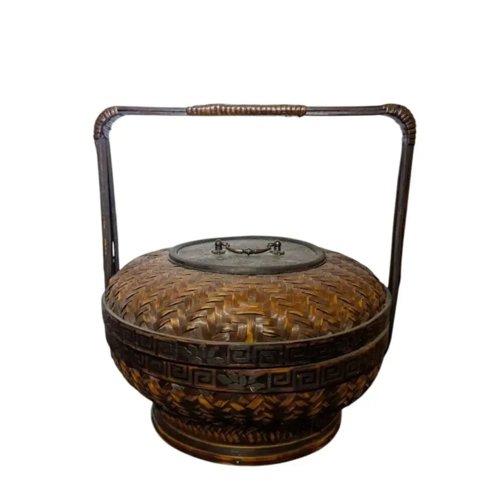 Vintage Woven Bamboo Wedding Basket Lid Chinoiserie Boho Decor